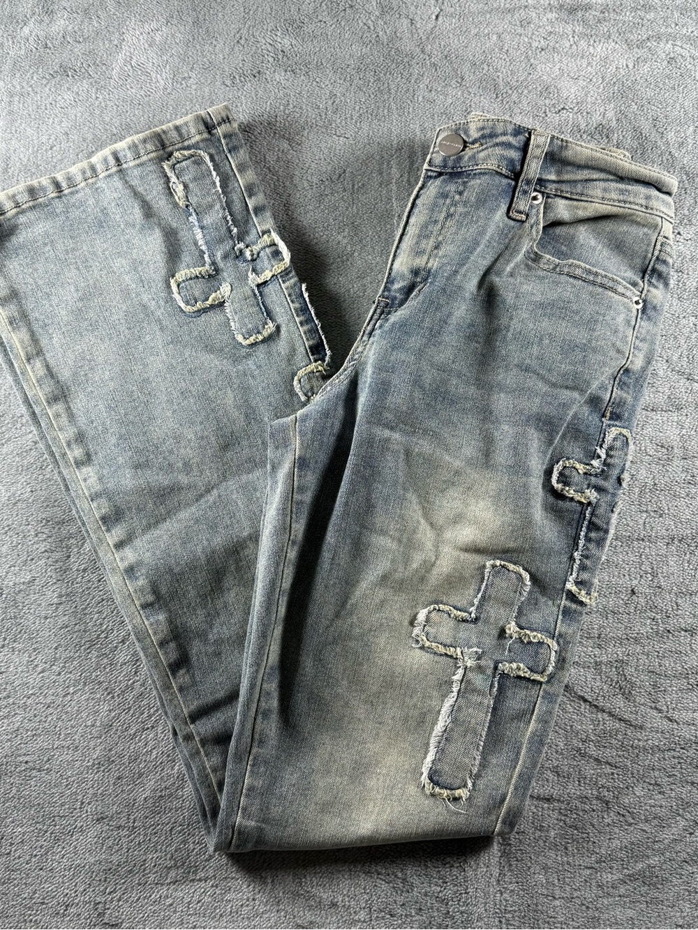Ashley Mason Premium Cross Patch Distressed Light Wash Flare Jeans Size 1/25